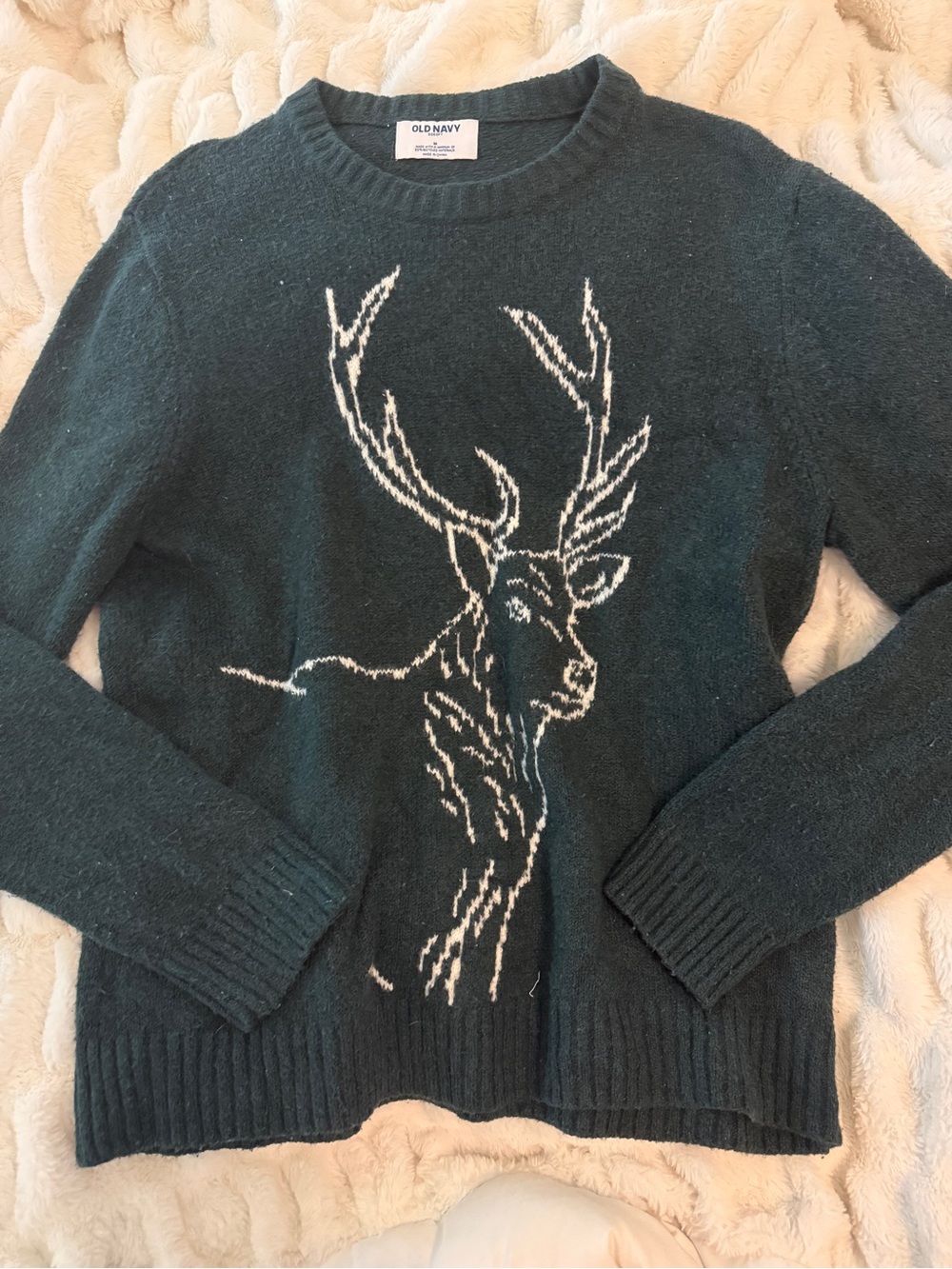 Old Navy Forest Green Crewneck Sweater with White Motif